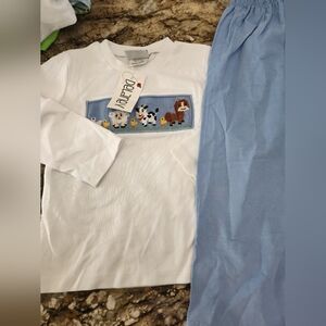 Kids Animal Embroidered Matching Set - White and Blue